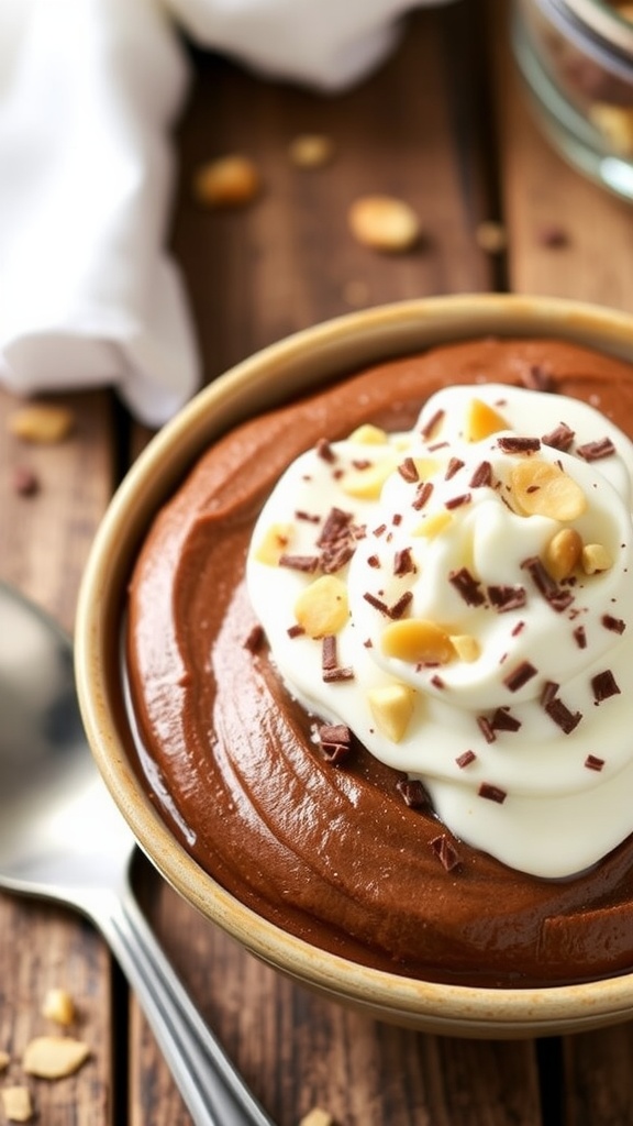 Decadent Chocolate Peanut Butter Protein Mousse with Whipped Coconut Cream Chocolate peanut butter protein mousse with whipped coconut cream, garnished with chocolate shavings and peanuts.